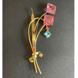 Vintage Sterling Silver Brooch Pink Blue Rhinestone Floral Flower Bouquet Pin